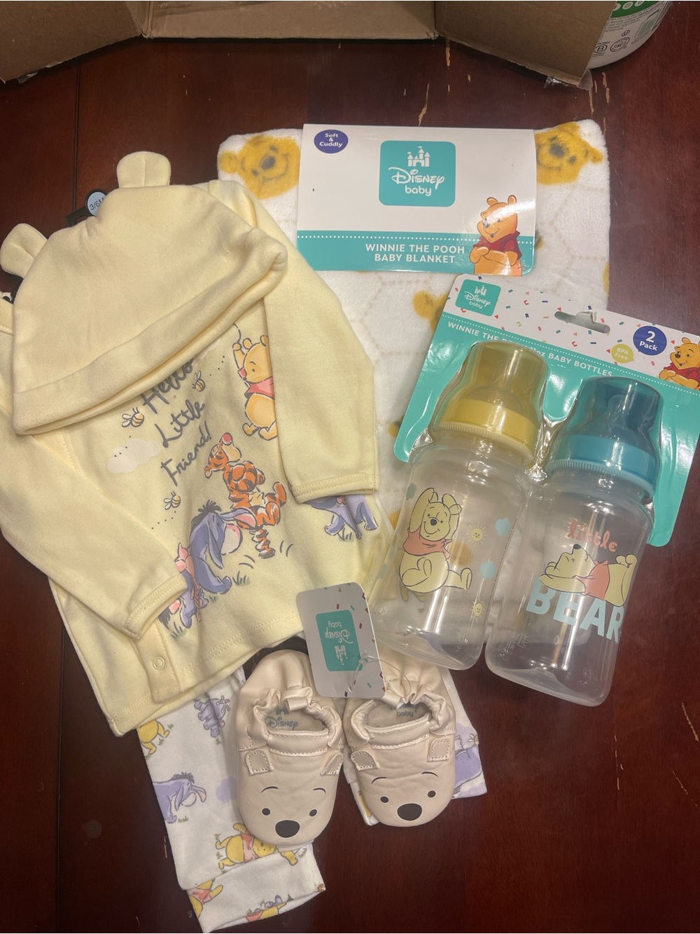 BUNDLE: Disney Winnie the Pooh Yellow Infant Outfit & Feeding Bottle Set